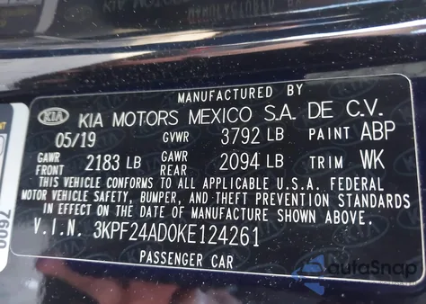 2019 Kia Forte Fe from USA, damaged, VIN 3KPF24AD0KE124261